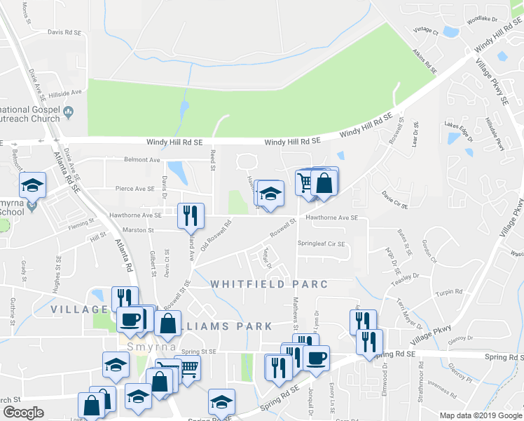 map of restaurants, bars, coffee shops, grocery stores, and more near 1595 Hawthorne Avenue Southeast in Smyrna