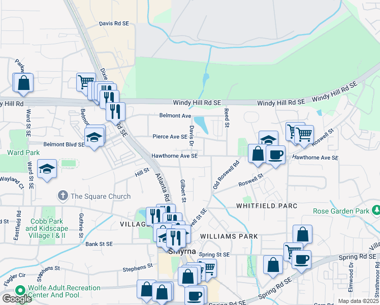 map of restaurants, bars, coffee shops, grocery stores, and more near 1365 Hawthorne Avenue Southeast in Smyrna