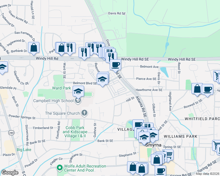 map of restaurants, bars, coffee shops, grocery stores, and more near 229 Dellwood Drive in Smyrna