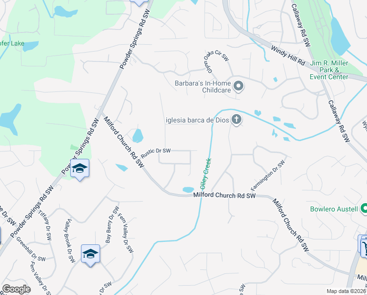 map of restaurants, bars, coffee shops, grocery stores, and more near 1684 Rustic Drive Southwest in Marietta