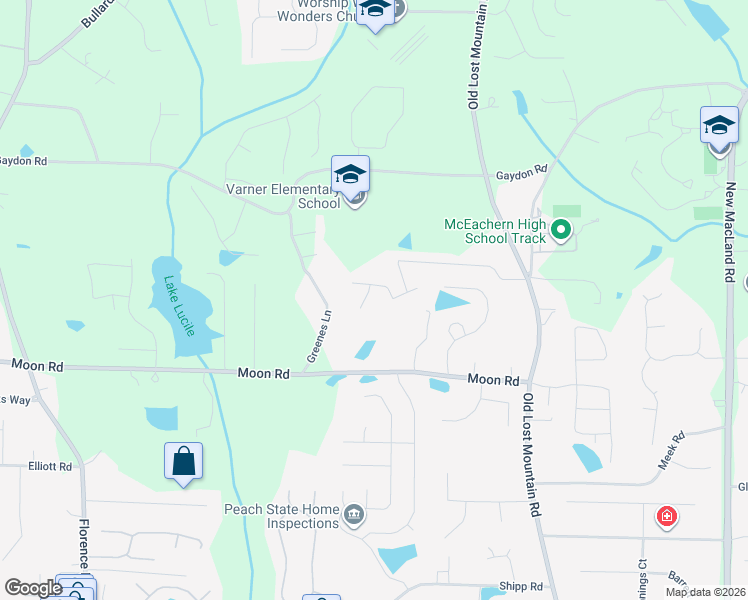 map of restaurants, bars, coffee shops, grocery stores, and more near 2605 Konawa Court in Powder Springs