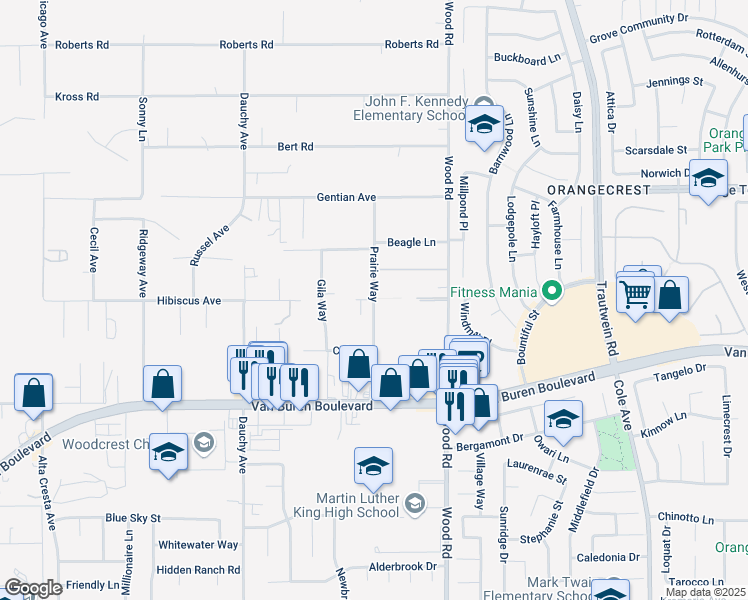 map of restaurants, bars, coffee shops, grocery stores, and more near Prairie Way in Riverside County