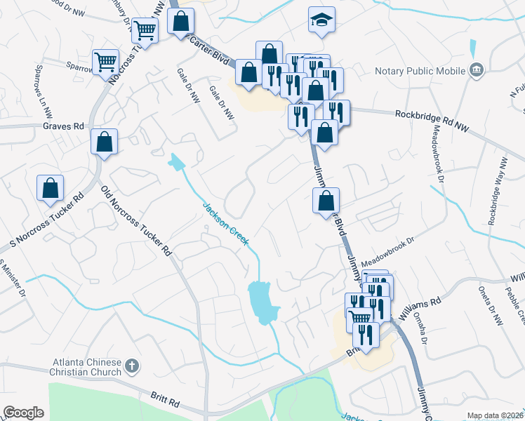 map of restaurants, bars, coffee shops, grocery stores, and more near 6285 Forest Vale Drive Northwest in Norcross