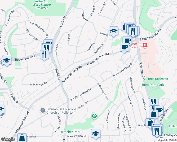 map of restaurants, bars, coffee shops, grocery stores, and more near 660 Green Acre Drive in Fullerton