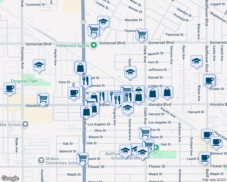 map of restaurants, bars, coffee shops, grocery stores, and more near 9159 Rendalia St in Bellflower