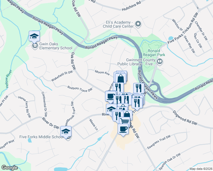 map of restaurants, bars, coffee shops, grocery stores, and more near 2962 Loreli Lane in Lawrenceville