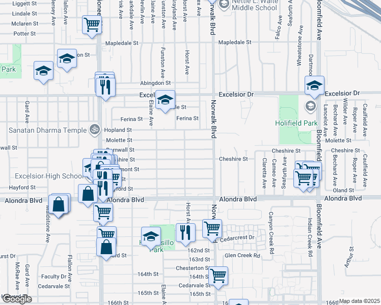 map of restaurants, bars, coffee shops, grocery stores, and more near 12110 Barnwall Street in Norwalk