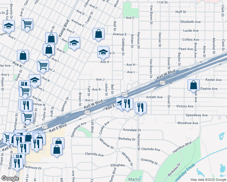 map of restaurants, bars, coffee shops, grocery stores, and more near 2101 Bell Street in Wichita Falls