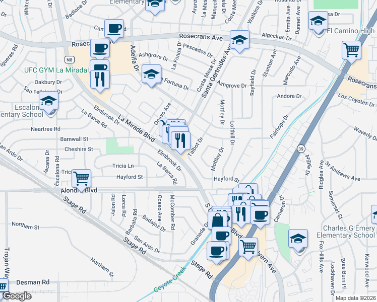map of restaurants, bars, coffee shops, grocery stores, and more near 15413 Talbot Drive in La Mirada