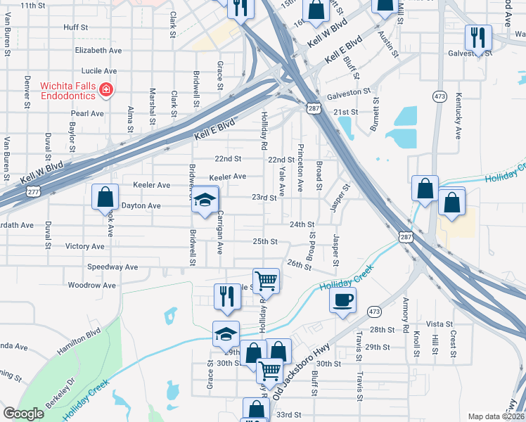 map of restaurants, bars, coffee shops, grocery stores, and more near 2310 Holliday Rd in Wichita Falls