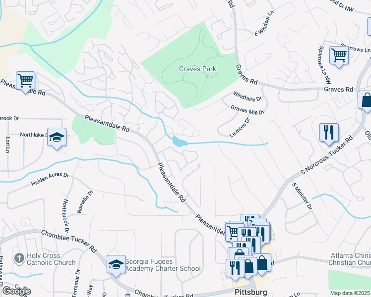 map of restaurants, bars, coffee shops, grocery stores, and more near 3993 Bayside Circle in Atlanta