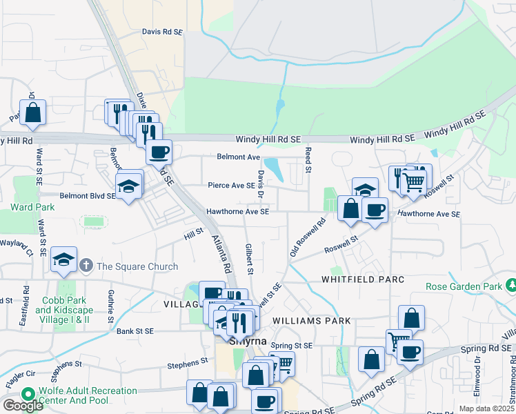 map of restaurants, bars, coffee shops, grocery stores, and more near 1365 Hawthorne Avenue Southeast in Smyrna