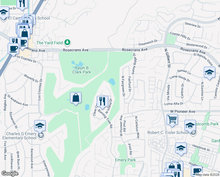 map of restaurants, bars, coffee shops, grocery stores, and more near 1830 North Island Drive in Fullerton
