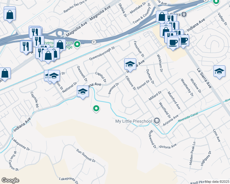 map of restaurants, bars, coffee shops, grocery stores, and more near 11615 Granmere Court in Riverside