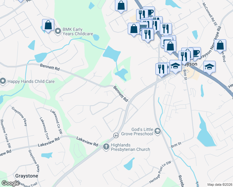 map of restaurants, bars, coffee shops, grocery stores, and more near 2088 Keeling Mill Terrace Southwest in Grayson