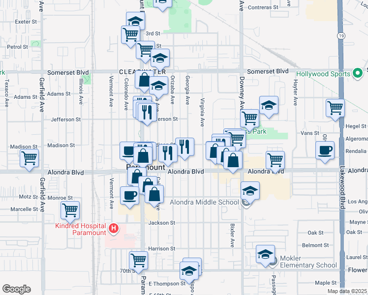 map of restaurants, bars, coffee shops, grocery stores, and more near 8120 Madison Street in Paramount