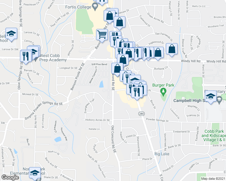 map of restaurants, bars, coffee shops, grocery stores, and more near 640 Glendale Place Southeast in Smyrna