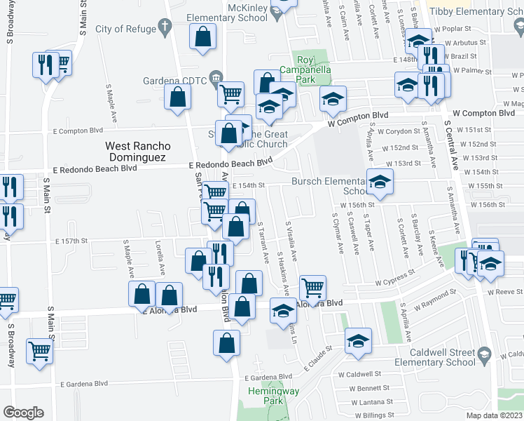 map of restaurants, bars, coffee shops, grocery stores, and more near 15520 South Tarrant Avenue in Compton