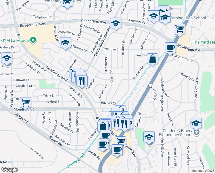 map of restaurants, bars, coffee shops, grocery stores, and more near 15324 Mottley Drive in La Mirada