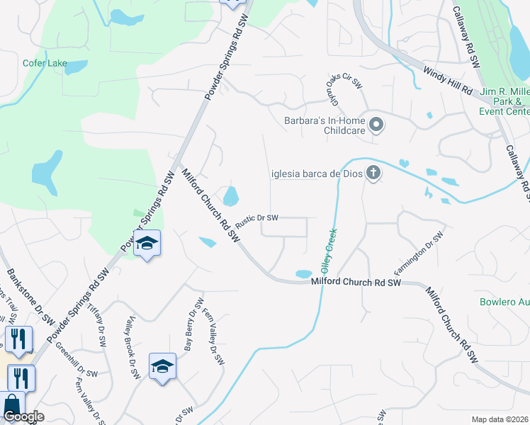 map of restaurants, bars, coffee shops, grocery stores, and more near 1746 Rustic Drive Southwest in Marietta