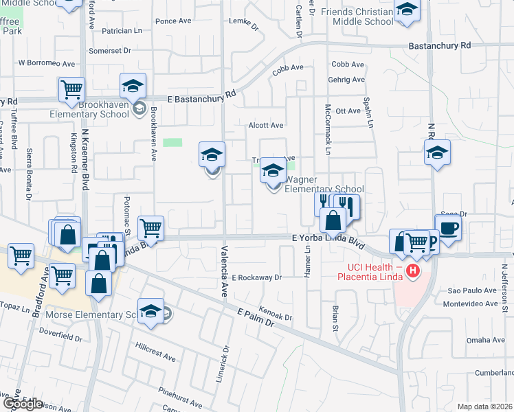 map of restaurants, bars, coffee shops, grocery stores, and more near 625 Lawn Avenue in Placentia