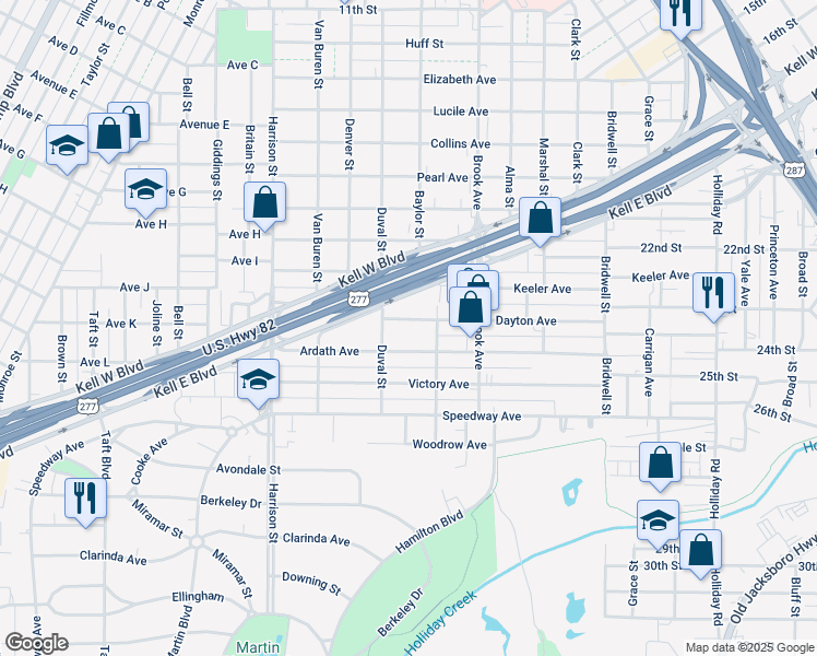 map of restaurants, bars, coffee shops, grocery stores, and more near 1811 Dayton Avenue in Wichita Falls
