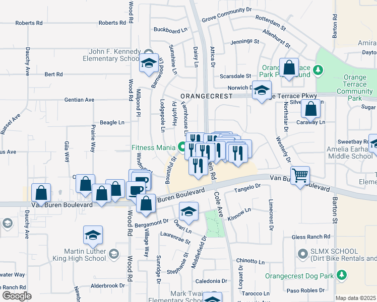 map of restaurants, bars, coffee shops, grocery stores, and more near in Riverside