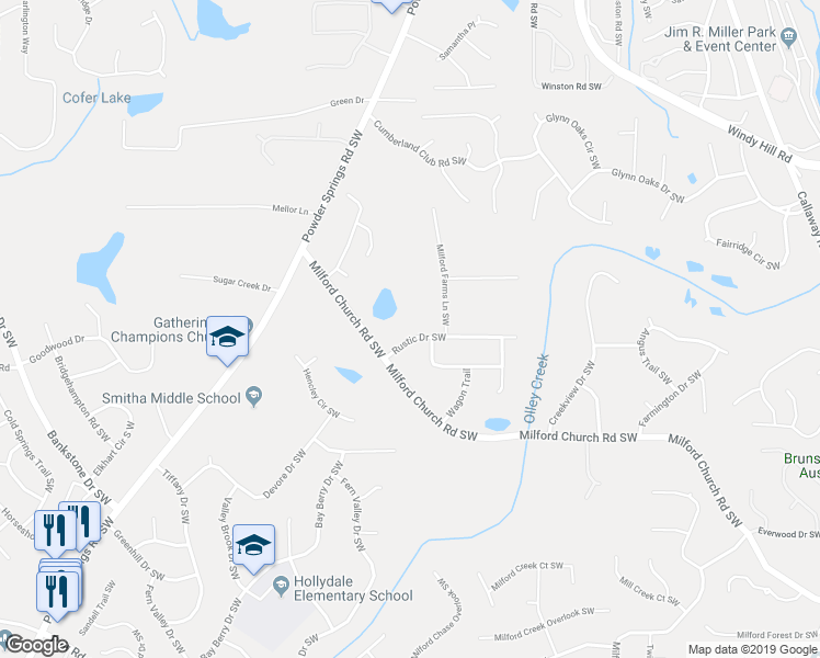 map of restaurants, bars, coffee shops, grocery stores, and more near 1778 Rustic Drive Southwest in Marietta
