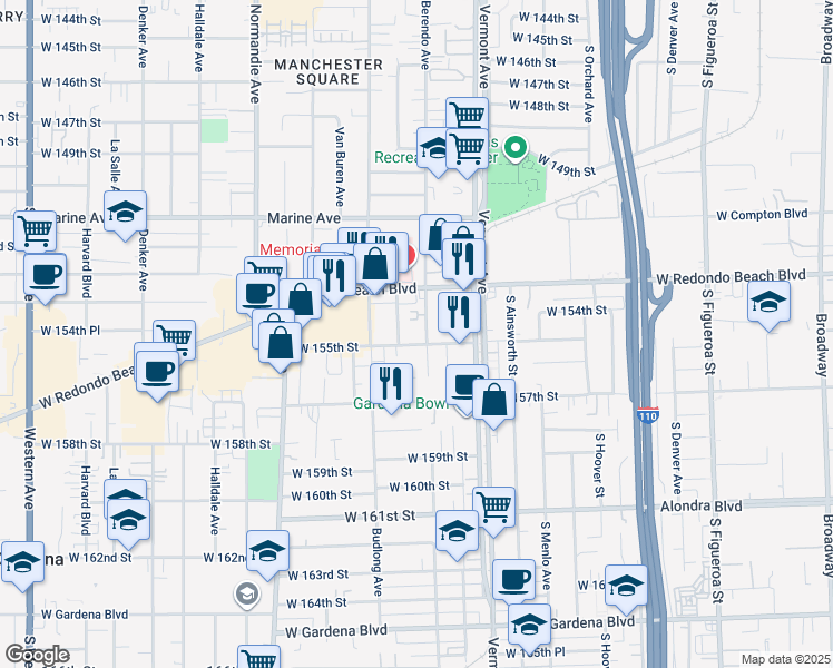 map of restaurants, bars, coffee shops, grocery stores, and more near 15411 Berendo Avenue in Gardena