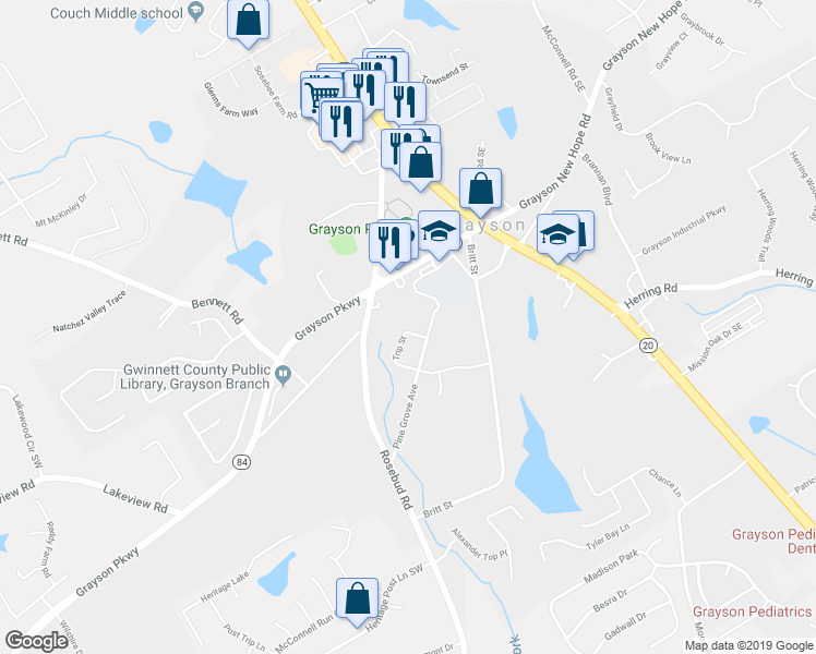 map of restaurants, bars, coffee shops, grocery stores, and more near 648 Trip Street in Grayson