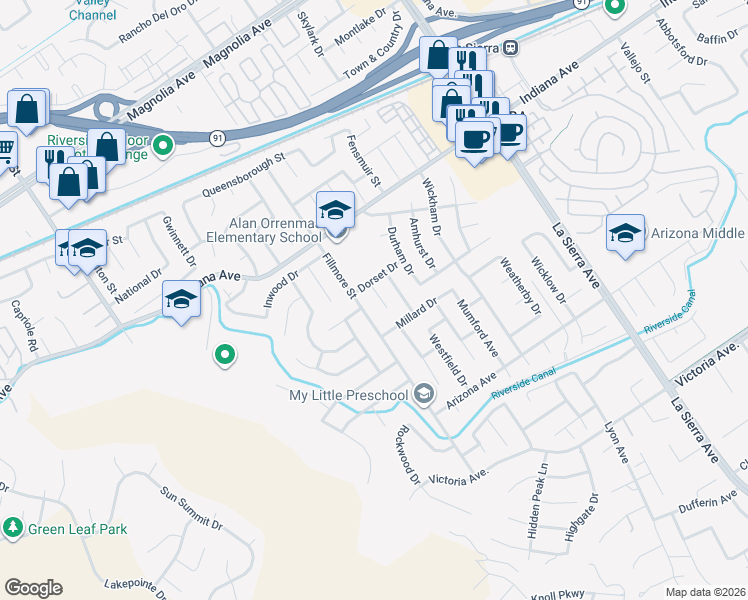 map of restaurants, bars, coffee shops, grocery stores, and more near 3237 Layton Court in Riverside