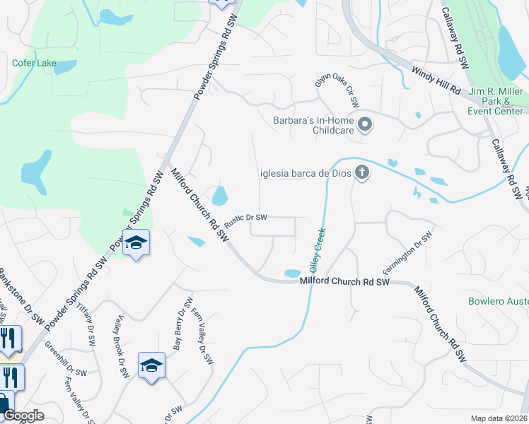 map of restaurants, bars, coffee shops, grocery stores, and more near 1726 Rustic Drive Southwest in Marietta