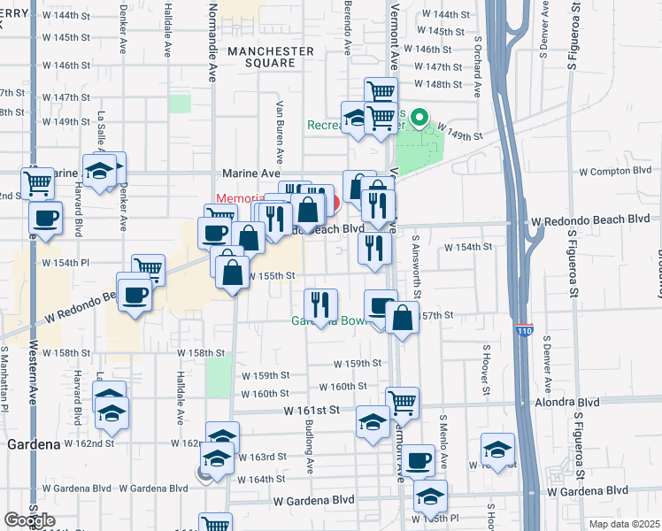 map of restaurants, bars, coffee shops, grocery stores, and more near 15422 South Catalina Avenue in Gardena