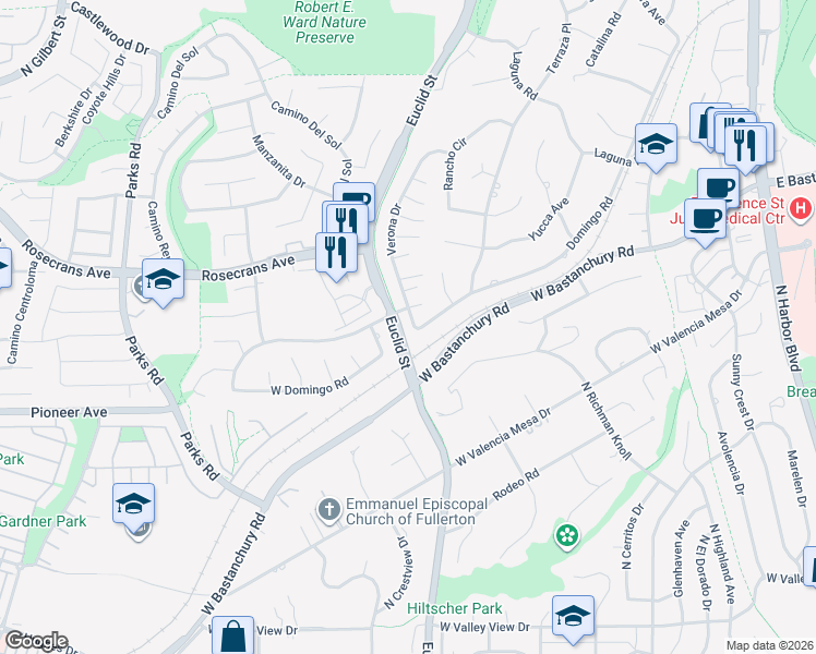 map of restaurants, bars, coffee shops, grocery stores, and more near 1089 Verona Drive in Fullerton