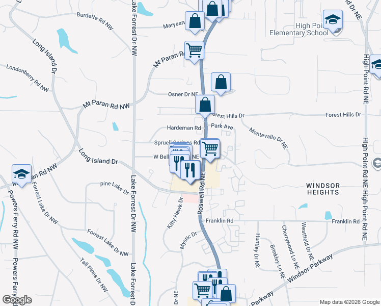 map of restaurants, bars, coffee shops, grocery stores, and more near 148 West Belle Isle Road Northeast in Atlanta