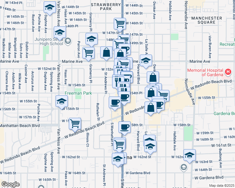 map of restaurants, bars, coffee shops, grocery stores, and more near 15435 South Western Avenue in Gardena