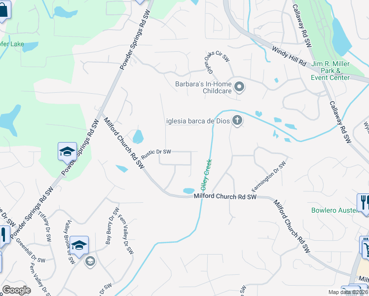 map of restaurants, bars, coffee shops, grocery stores, and more near 1684 Rustic Drive Southwest in Marietta