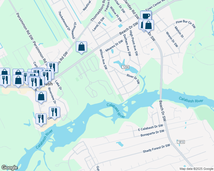 map of restaurants, bars, coffee shops, grocery stores, and more near 1957 Indigo Cove Way in Calabash