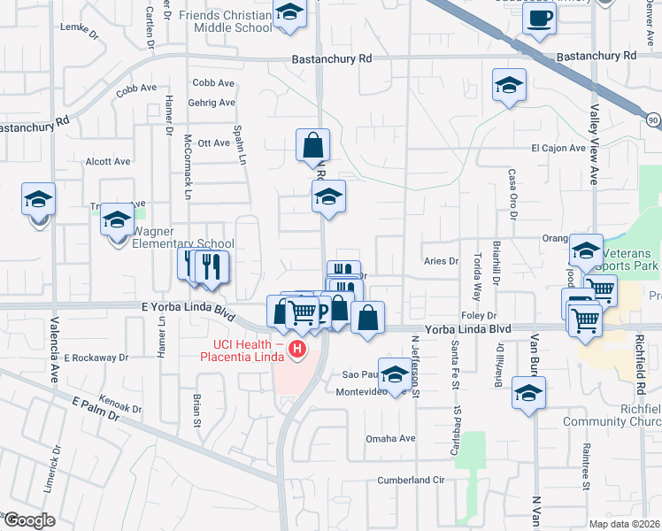 map of restaurants, bars, coffee shops, grocery stores, and more near 4801 Lavell Drive in Yorba Linda