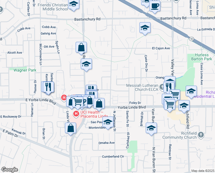 map of restaurants, bars, coffee shops, grocery stores, and more near 4781 Kona Kove Way in Yorba Linda