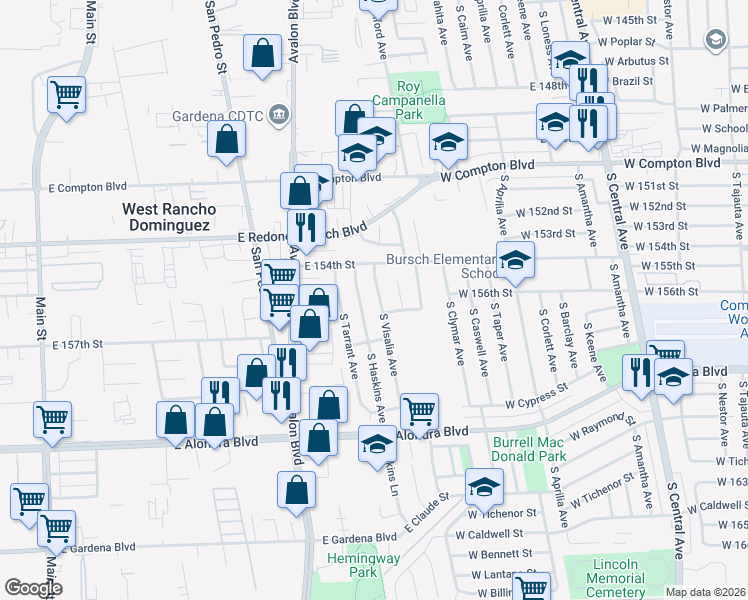 map of restaurants, bars, coffee shops, grocery stores, and more near 15512 South Visalia Avenue in Compton