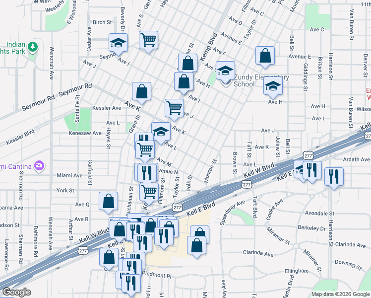 map of restaurants, bars, coffee shops, grocery stores, and more near 2112 Taylor Street in Wichita Falls