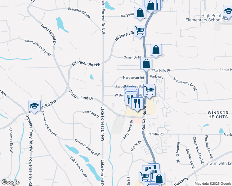 map of restaurants, bars, coffee shops, grocery stores, and more near 50 W Belle Isle Rd NE in Atlanta