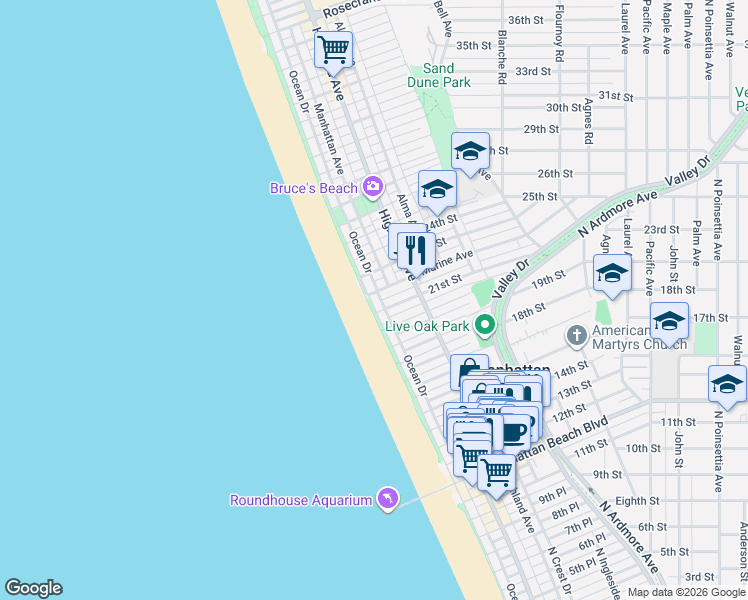 map of restaurants, bars, coffee shops, grocery stores, and more near 2114 The Strand in Hermosa Beach