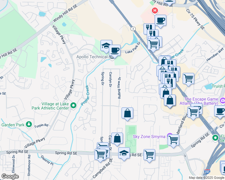 map of restaurants, bars, coffee shops, grocery stores, and more near 2527 Carolyn Drive in Smyrna