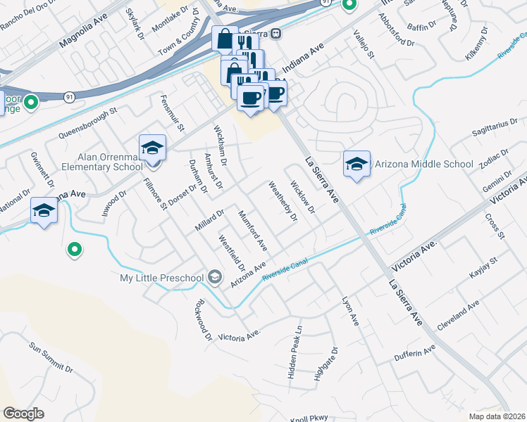 map of restaurants, bars, coffee shops, grocery stores, and more near 3129 Wickham Drive in Riverside