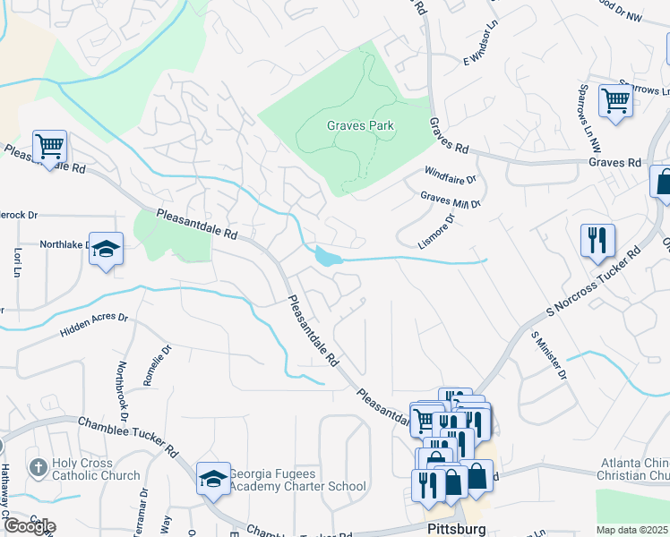 map of restaurants, bars, coffee shops, grocery stores, and more near 3993 Bayside Circle in Atlanta