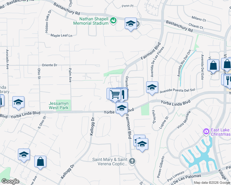 map of restaurants, bars, coffee shops, grocery stores, and more near 4784 Escalona Plaza in Yorba Linda