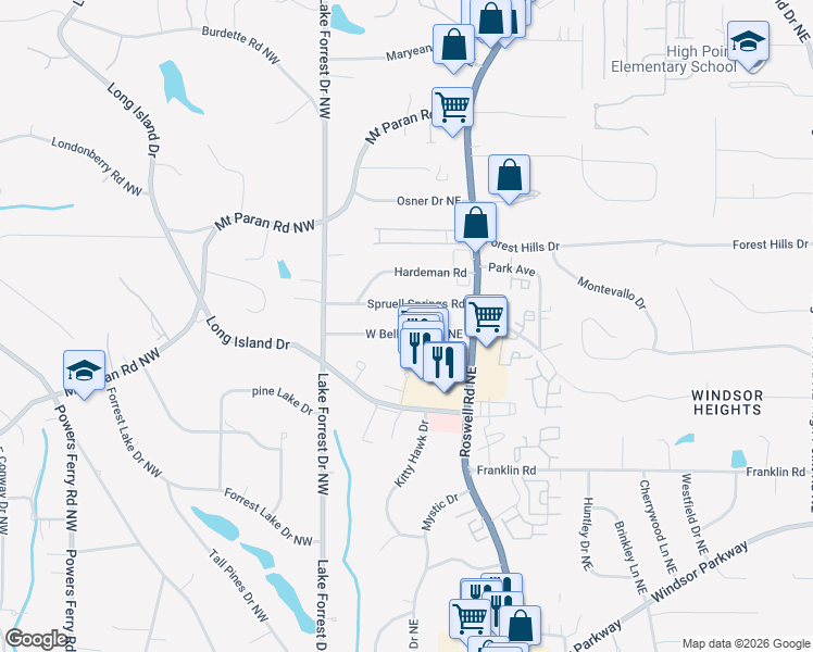 map of restaurants, bars, coffee shops, grocery stores, and more near 102 West Belle Isle Road Northeast in Sandy Springs