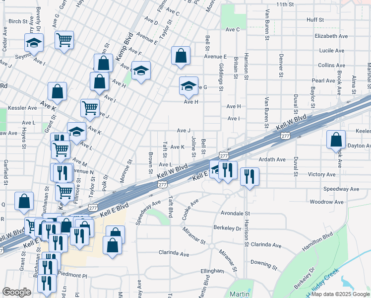 map of restaurants, bars, coffee shops, grocery stores, and more near 2149 Avenue K in Wichita Falls